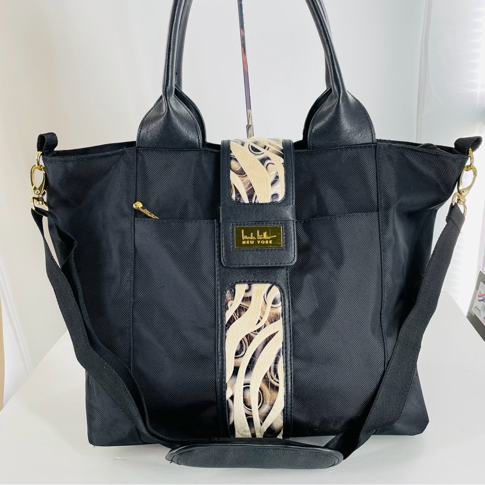 Nicole Miller Large Weekender Carry On Black Woven Polyester Tote
